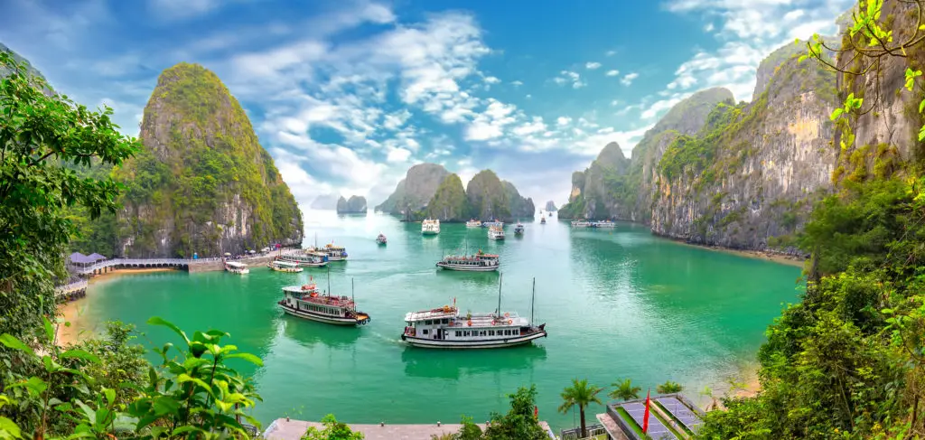 Beautiful landscape Halong Bay view from above the Bo Hon Island. Halong Bay is the UNESCO World Heritage Site, it is a beautiful natural wonder in northern Vietnam